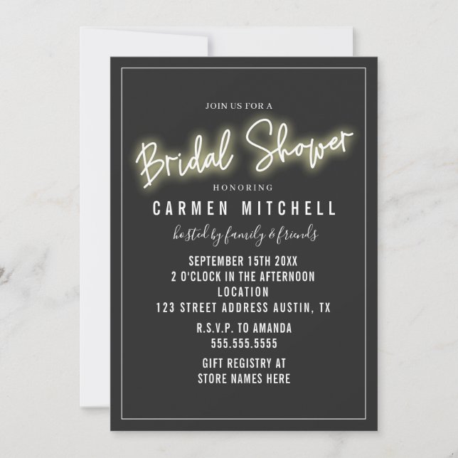 Neon Bridal Shower White Sign Grey Background Invitation (Front)