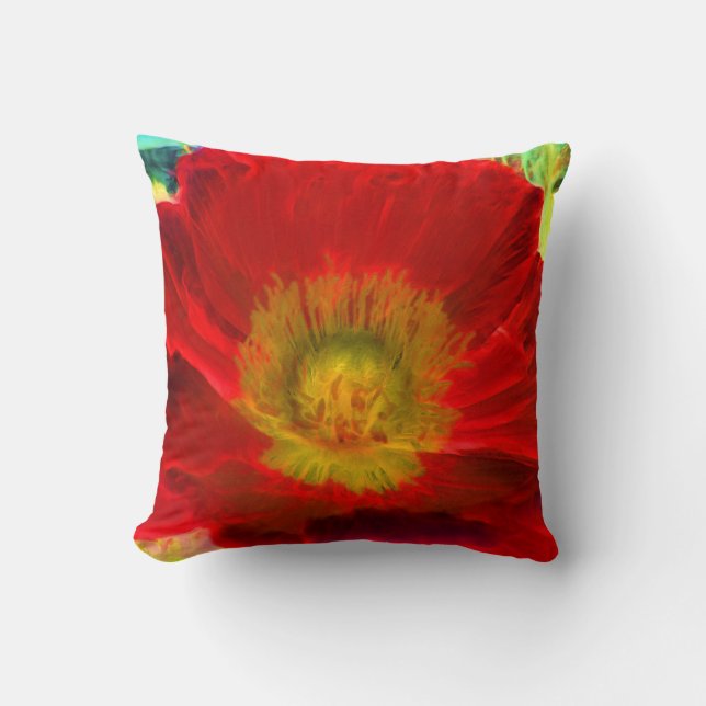 Neon bright colourful poppy flower throw pillow (Front)