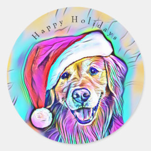 Neon Bright Colours Christmas Golden Retriever Art Classic Round Sticker