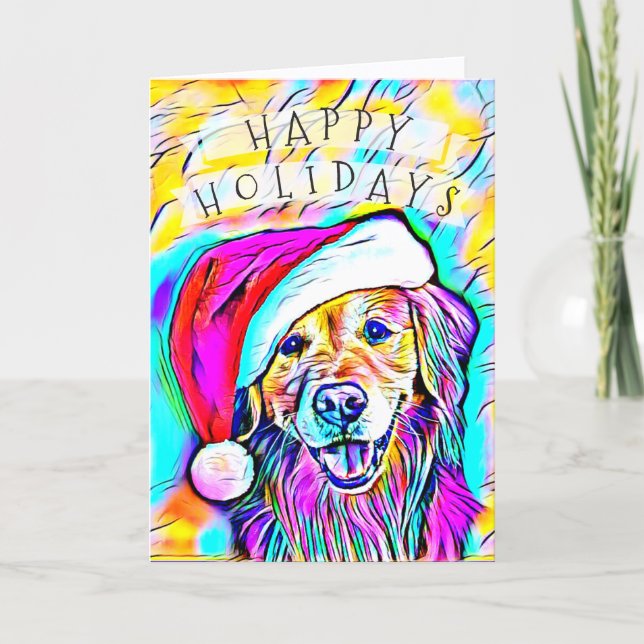 Neon Bright Colours Christmas Golden Retriever Art Holiday Card (Front)