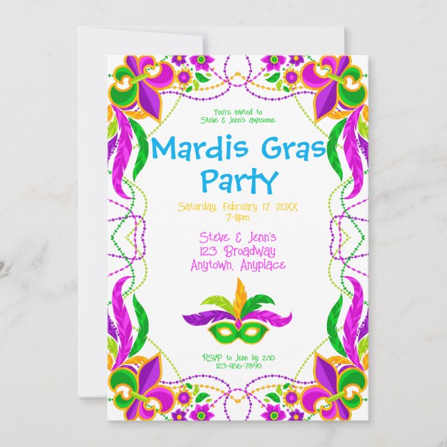 Neon Bright Mardi Gras Party Invitation (Front)