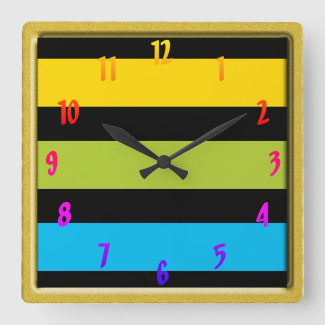 Neon Bright trendy fashion colourful gold frame Square Wall Clock (Front)