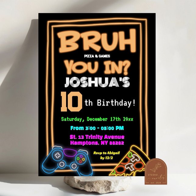 Neon Bruh In You Pizza and Games Birthday Invitation (Creator Uploaded)