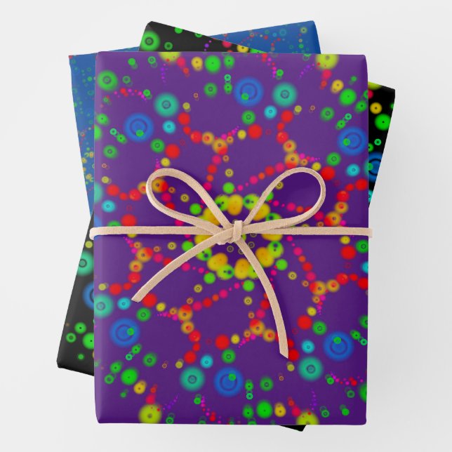 Neon Bubble Orbs Mandala Triple Design Wrapping Paper Sheet (In situ)