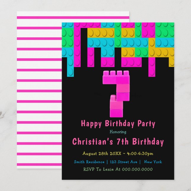 Neon Building Blocks 7th Birthday Invitations (Front/Back)