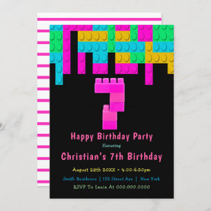Neon Building Blocks 7th Birthday Invitations