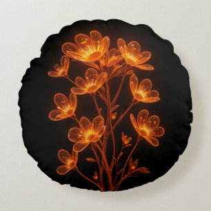 Neon burnt orange flowers on black background round cushion