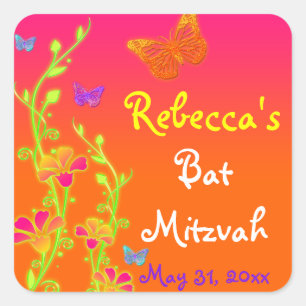 Neon Butterflies and Flowers Bat Mitzvah Sticker