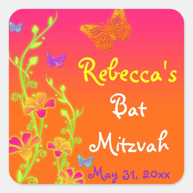 Neon Butterflies and Flowers Bat Mitzvah Sticker (Front)