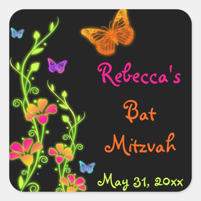 Neon Butterflies and Flowers Bat Mitzvah Sticker (Front)