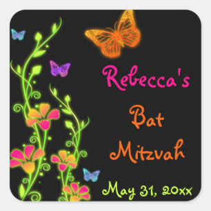 Neon Butterflies and Flowers Bat Mitzvah Sticker