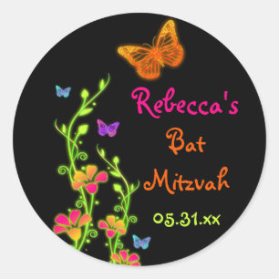 Neon Butterflies and Flowers Bat Mitzvah Sticker