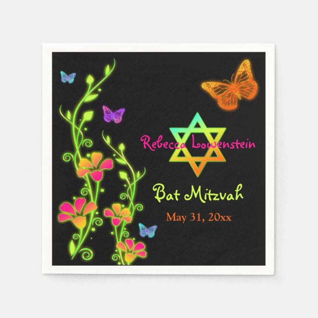 Neon Butterflies & Flowers Bat Mitzvah Napkins (Front)