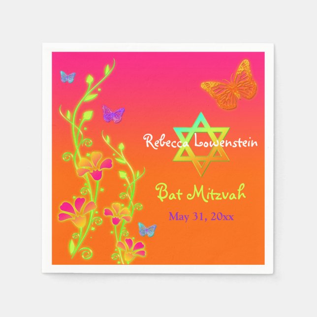 Neon Butterflies & Flowers Bat Mitzvah Napkins 2 (Front)