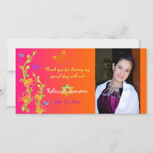 Neon Butterflies & Flowers Photo Thank You Card 2 (Front)