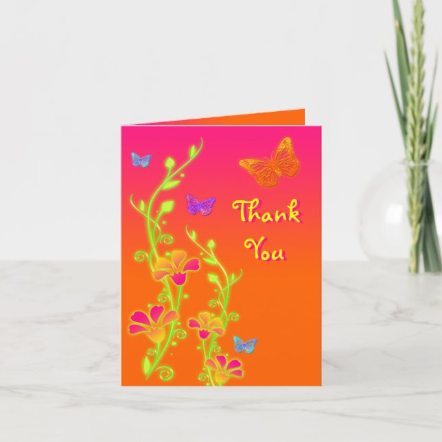 Neon Butterflies & Flowers Thank You Card 2 (Front)