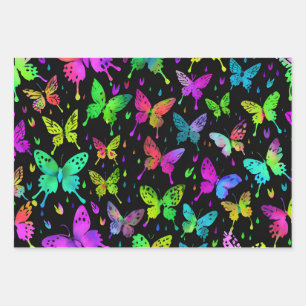 Neon Butterflies on Black Background Vibrant Wrapping Paper Sheet