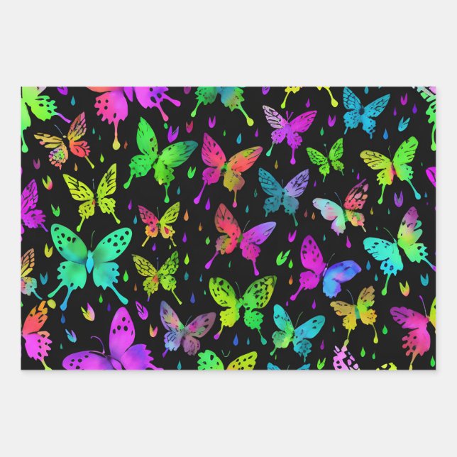 Neon Butterflies on Black Background Vibrant Wrapping Paper Sheet (Front 2)