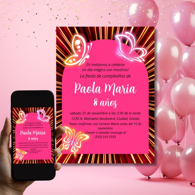 Neon Butterfly Black Pink Girl Birthday Spanish  Invitation (Creator Uploaded)