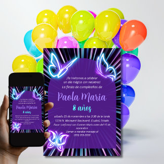 Neon Butterfly Black Purple Girl Birthday Spanish Invitation