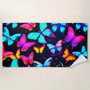 Neon Butterfly Pattern Beach Towel