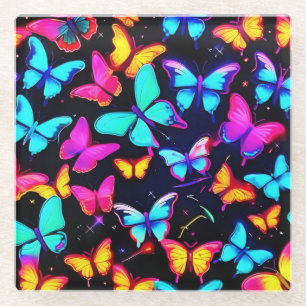 Neon Butterfly Pattern Glass Coaster
