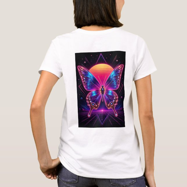 Neon Butterfly Synthwave Sunset Art T-Shirt (Back)