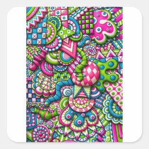 Neon Candy Doodle Bright Pink Green Blue Trippy Square Sticker