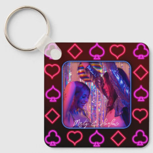 Neon Casino Cards Suits Photo Frame  Key Ring