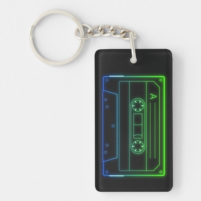 Neon Cassette Key Ring, Green Dark Blue Vaporwave Key Ring (Front)