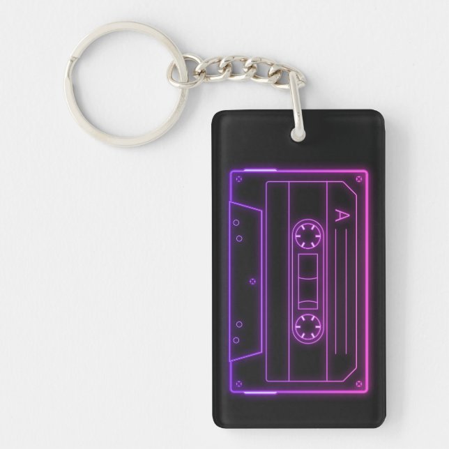 Neon Cassette Key Ring, Purple Pink Vaporwave Key Ring (Front)