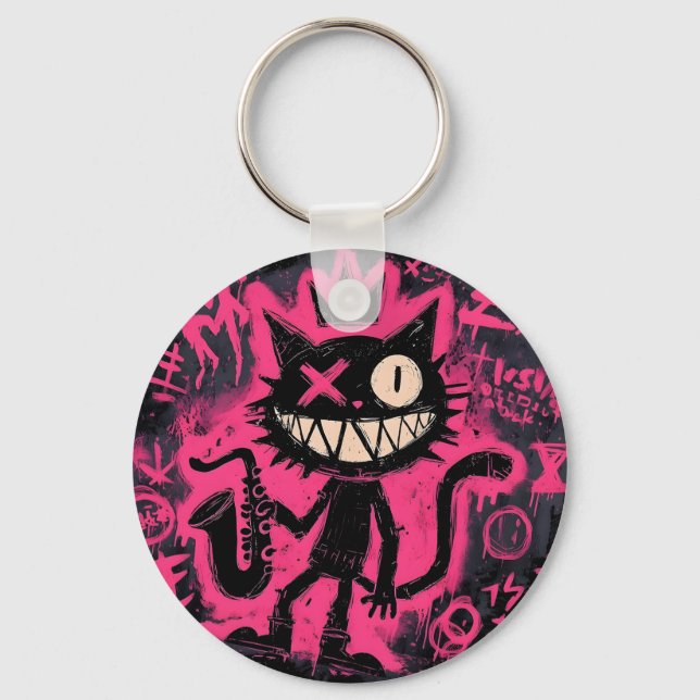 Neon Cat Chaos Key Ring (Front)