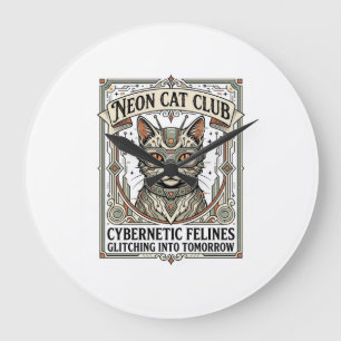 Neon Cat Club Cat Cyberpunk Vintage Vector Art Shi Large Clock