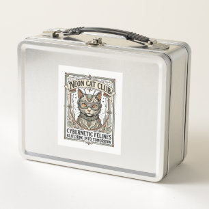 Neon Cat Club Cat Cyberpunk Vintage Vector Art Shi Metal Lunch Box