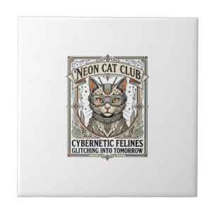 Neon Cat Club Cat Cyberpunk Vintage Vector Art Shi Tile