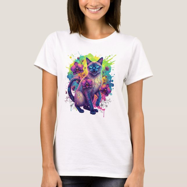Neon Cat Fantasy Floral Art T-Shirt (Front)