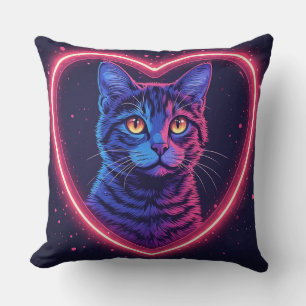 Neon Cat Heart Design – Cute Glowing Kitty Love Cushion