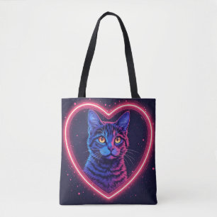 Neon Cat Heart Design – Cute Glowing Kitty Love Tote Bag