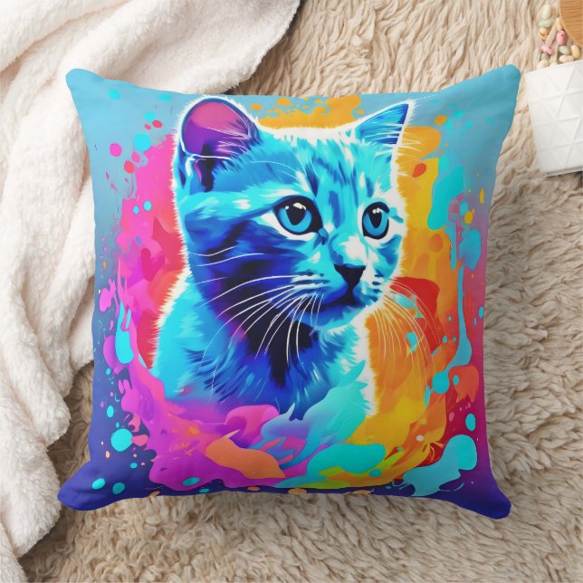 Neon Cat in Splatter Cushion (Blanket)