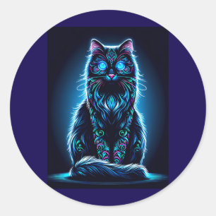 Neon Cat Vivid Background-97948 Classic Round Sticker