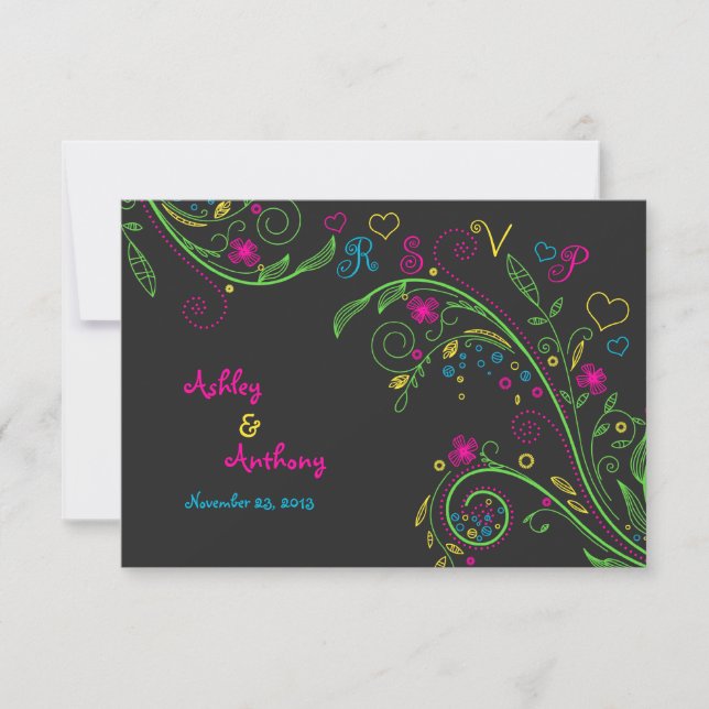 Neon Chalkboard Doodle Wedding Reply Card (Front)