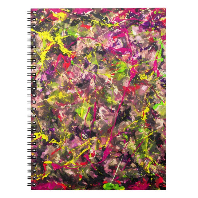 Neon Chaos Abstract Paint Splatter Notebook (Front)