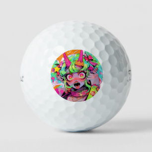 Neon Chaos Demon Girl Expression Golf Balls