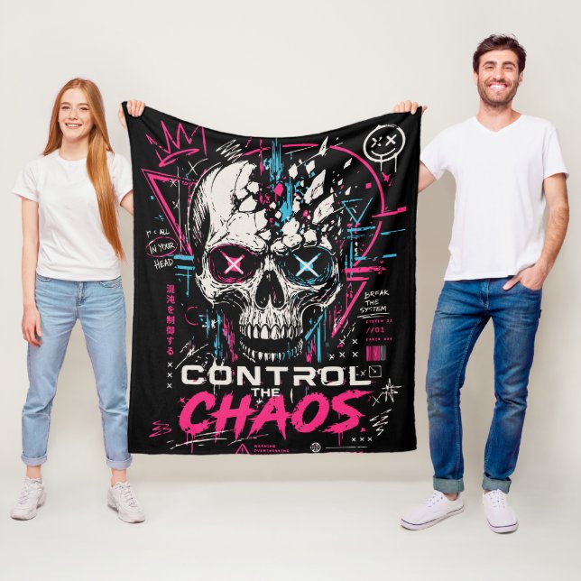 Neon Chaos Skull Aesthetic Fleece Blanket (In Situ)