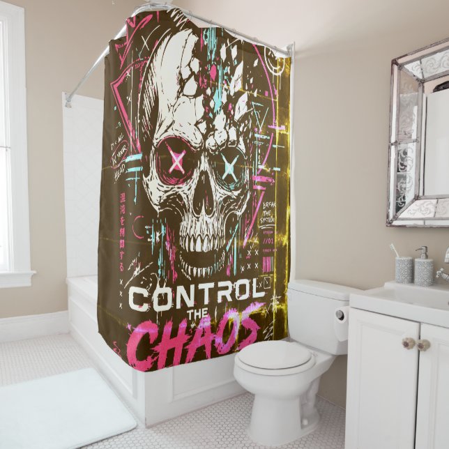 Neon Chaos Skull Shower Curtain (In Situ)