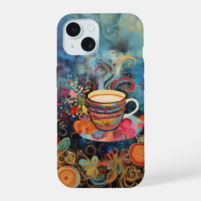 Neon Charlie Chameleon, Textile Rainforest Collage iPhone 15 Case (Back)