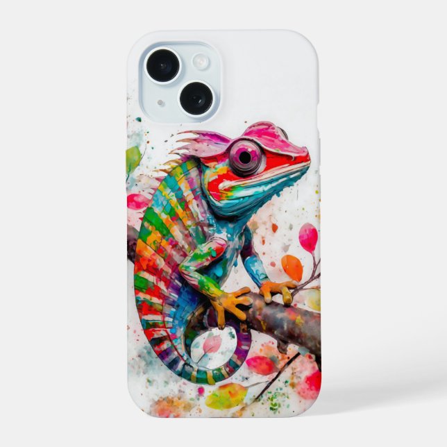 Neon Charlie Chameleon, Textile Rainforest Collage iPhone 15 Case (Back)