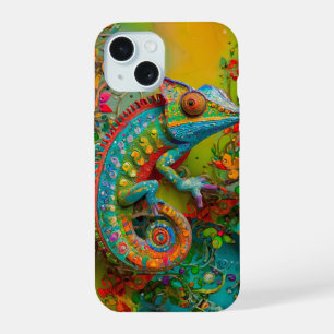 Neon Charlie Chameleon, Textile Rainforest Collage iPhone 15 Case
