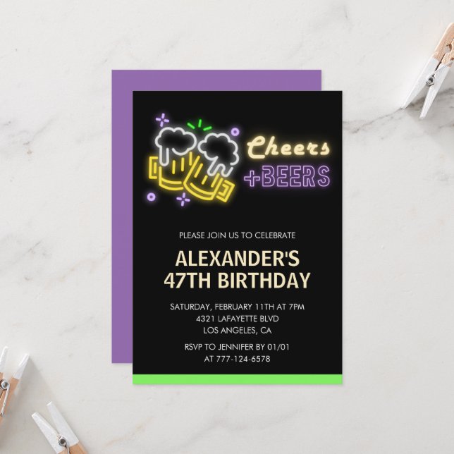 Neon Cheers Beer Black 47th birthday invitation (Front/Back In Situ)