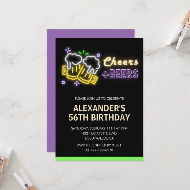 Neon Cheers Beer Black 56th birthday invitation (Front/Back In Situ)
